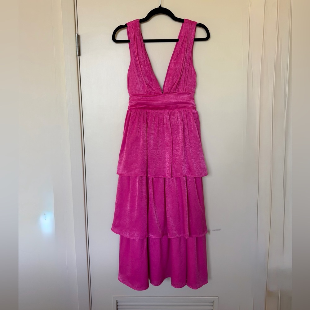 Lulu's Fuchsia Silky Deep V-Tiered Special Occasion Dress